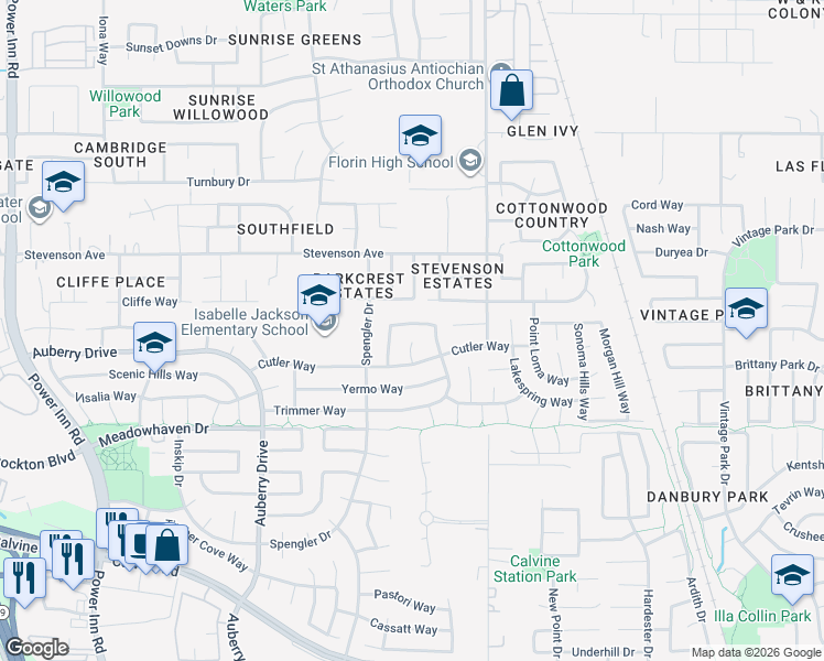 map of restaurants, bars, coffee shops, grocery stores, and more near 8050 Northern Oak Circle in Sacramento
