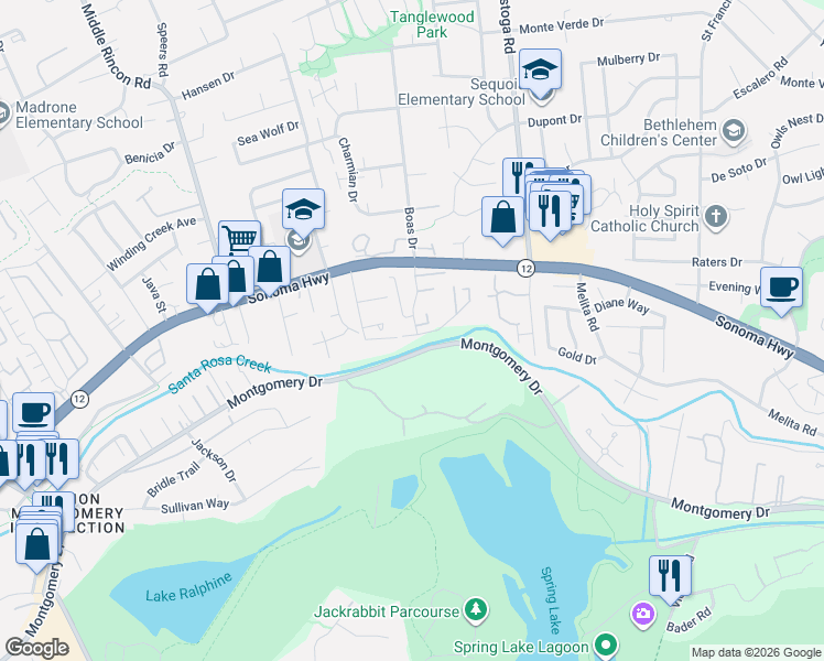 map of restaurants, bars, coffee shops, grocery stores, and more near 5081 Santa Rosa Creek Drive in Santa Rosa