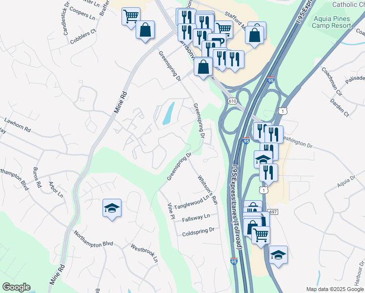 map of restaurants, bars, coffee shops, grocery stores, and more near 203 Providence Street in Stafford