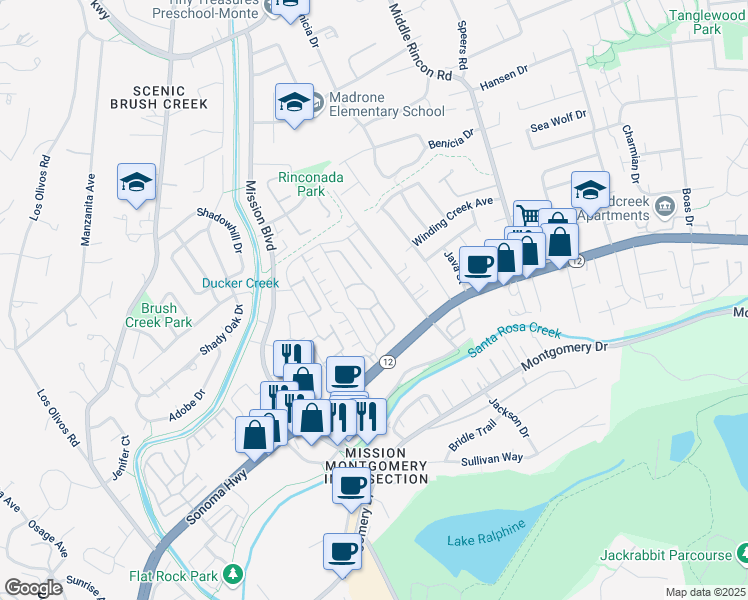 map of restaurants, bars, coffee shops, grocery stores, and more near 103 Bluejay Drive in Santa Rosa