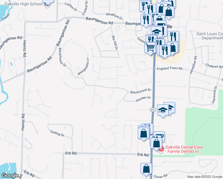 map of restaurants, bars, coffee shops, grocery stores, and more near 2656 Blackforest Drive in St. Louis