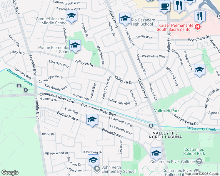 map of restaurants, bars, coffee shops, grocery stores, and more near 8120 Franciscan Way in Sacramento