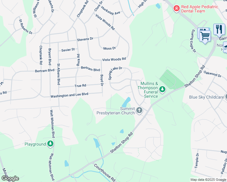 map of restaurants, bars, coffee shops, grocery stores, and more near 65 Spring Lake Drive in Stafford
