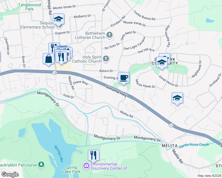 map of restaurants, bars, coffee shops, grocery stores, and more near 5400 California 12 in Santa Rosa