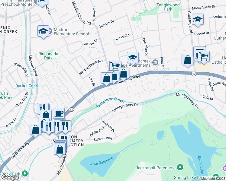 map of restaurants, bars, coffee shops, grocery stores, and more near 4900 California 12 in Santa Rosa