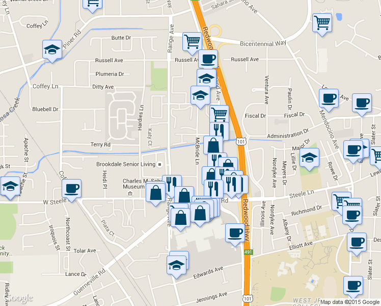 map of restaurants, bars, coffee shops, grocery stores, and more near 2389 McBride Lane in Santa Rosa
