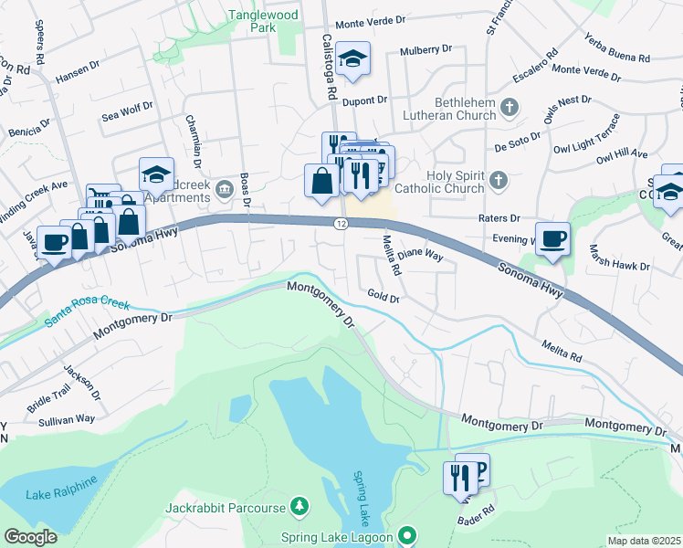 map of restaurants, bars, coffee shops, grocery stores, and more near 5168 Mattson Place in Santa Rosa