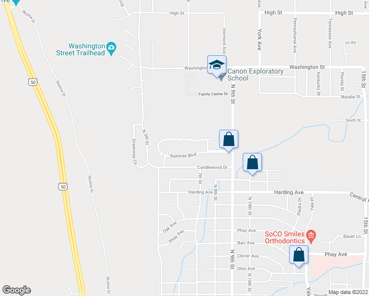 map of restaurants, bars, coffee shops, grocery stores, and more near 600 Raintree Boulevard in Cañon City