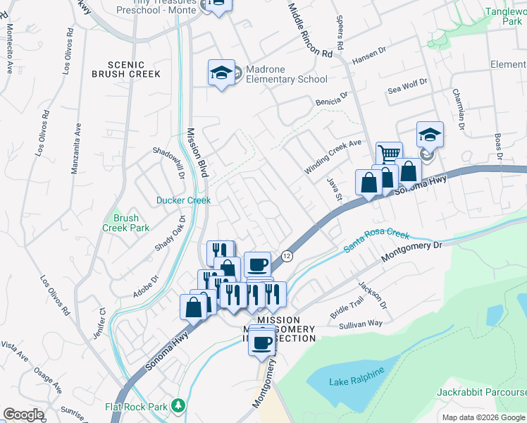 map of restaurants, bars, coffee shops, grocery stores, and more near 66 Cardinal Way in Santa Rosa