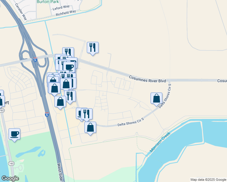 map of restaurants, bars, coffee shops, grocery stores, and more near 2125 Delta View Avenue in Sacramento