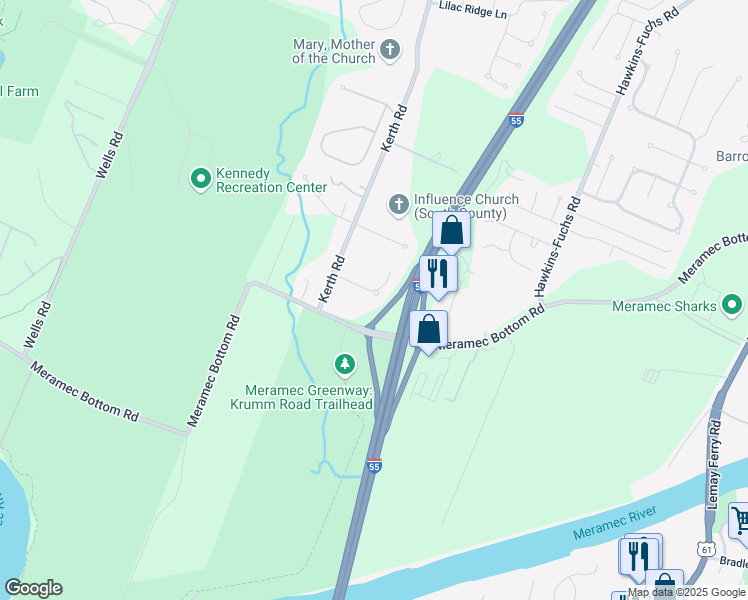map of restaurants, bars, coffee shops, grocery stores, and more near 4572 Kerth Forest Drive in St. Louis