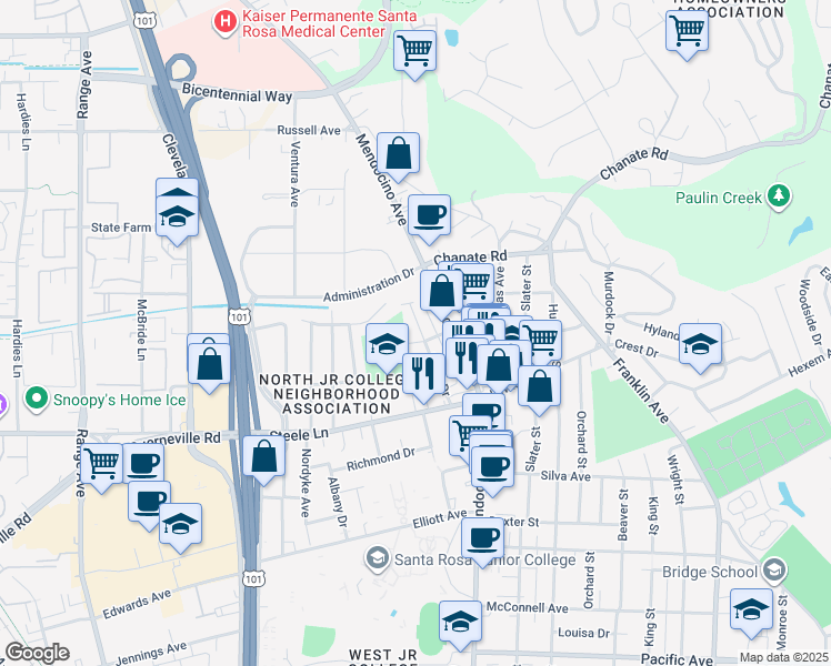 map of restaurants, bars, coffee shops, grocery stores, and more near 2305 Rowe Drive in Santa Rosa