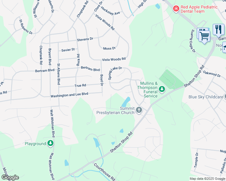 map of restaurants, bars, coffee shops, grocery stores, and more near 65 Spring Lake Drive in Stafford