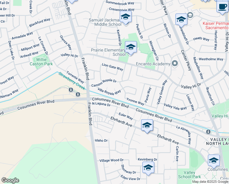 map of restaurants, bars, coffee shops, grocery stores, and more near 4947 Villa Royale Way in Sacramento