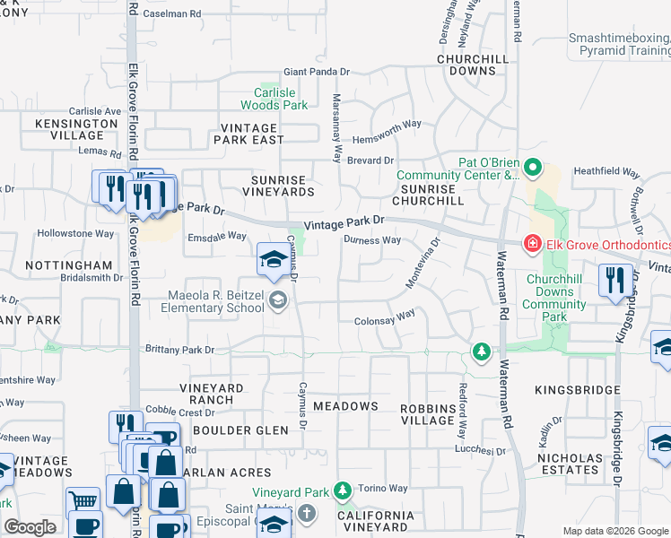 map of restaurants, bars, coffee shops, grocery stores, and more near 9061 Durness Way in Sacramento
