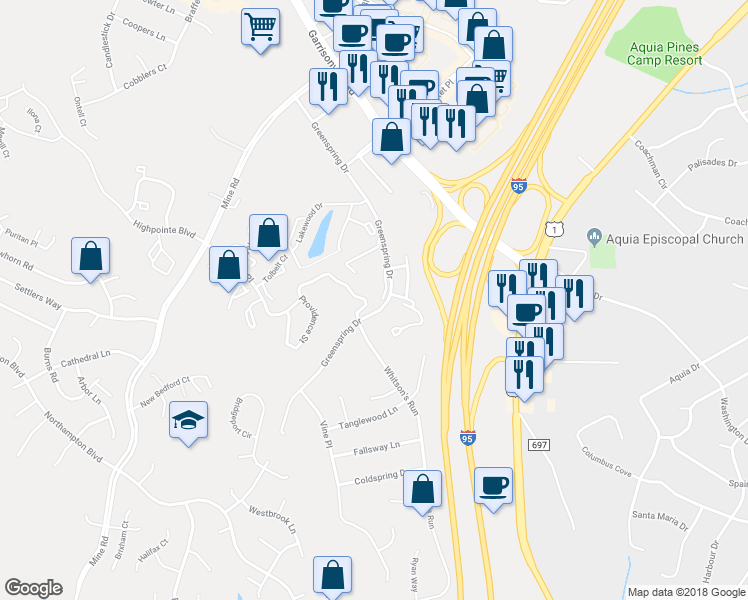 map of restaurants, bars, coffee shops, grocery stores, and more near 308 Barksdale Place in Stafford
