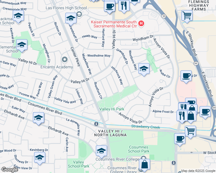 map of restaurants, bars, coffee shops, grocery stores, and more near 81 Kennelford Circle in Sacramento