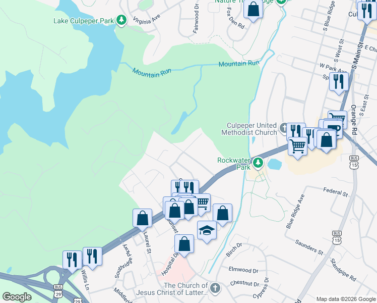map of restaurants, bars, coffee shops, grocery stores, and more near 660 Country Club Road in Culpeper
