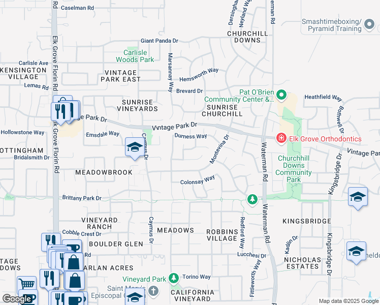 map of restaurants, bars, coffee shops, grocery stores, and more near 9146 Rothensay Way in Sacramento