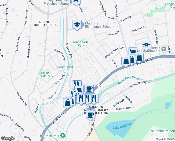 map of restaurants, bars, coffee shops, grocery stores, and more near 66 Cardinal Way in Santa Rosa