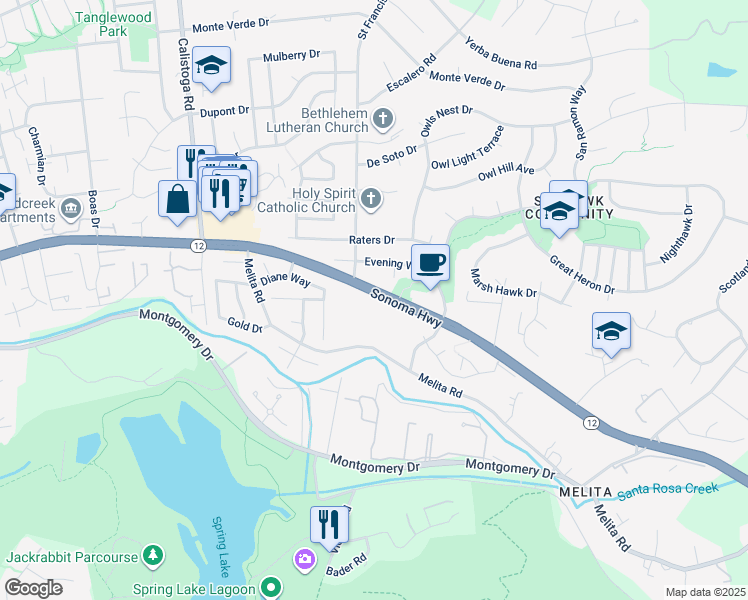 map of restaurants, bars, coffee shops, grocery stores, and more near 5400 California 12 in Santa Rosa