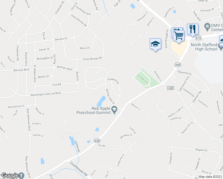map of restaurants, bars, coffee shops, grocery stores, and more near 11 Markham Way in Stafford