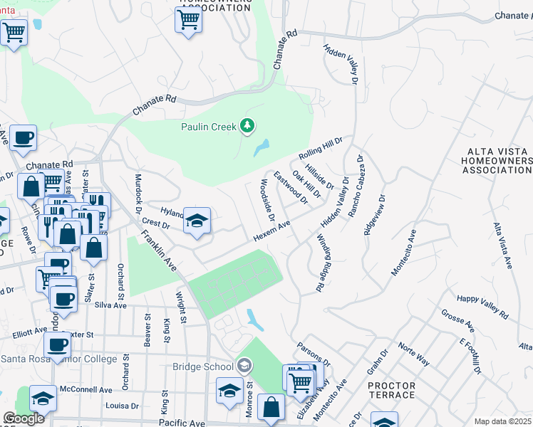 map of restaurants, bars, coffee shops, grocery stores, and more near 2033 Woodside Drive in Santa Rosa