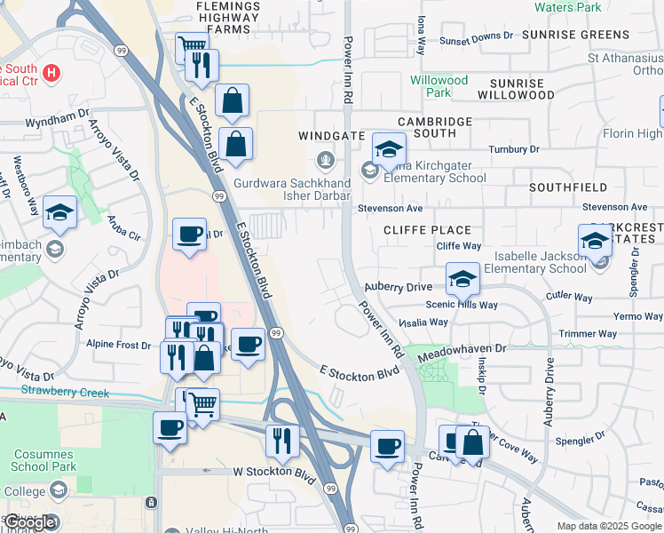 map of restaurants, bars, coffee shops, grocery stores, and more near 8162 Power Inn Road in Sacramento
