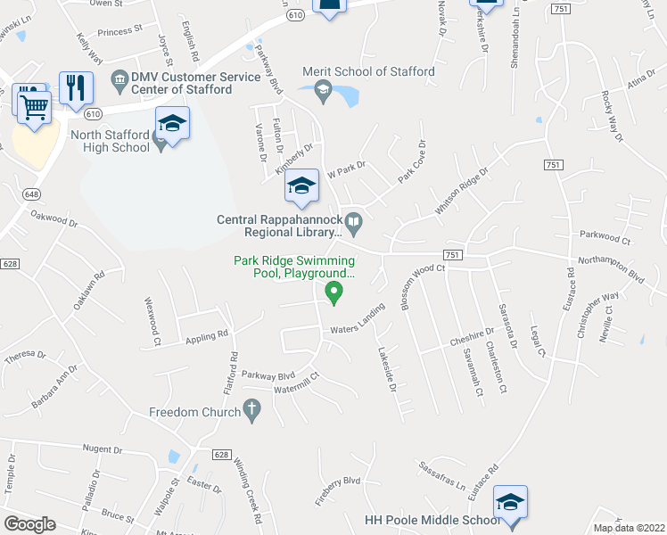 map of restaurants, bars, coffee shops, grocery stores, and more near 6 Candleridge Court in Stafford