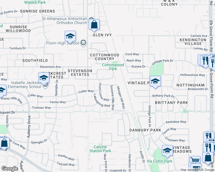 map of restaurants, bars, coffee shops, grocery stores, and more near 8101 Rogue Court in Sacramento