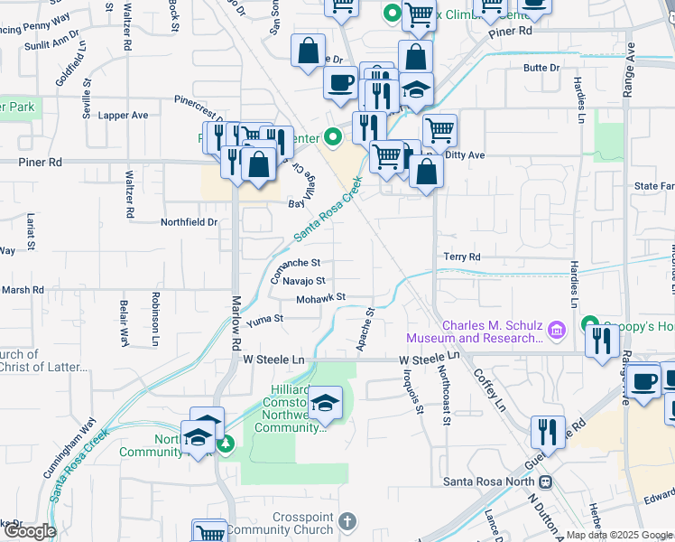 map of restaurants, bars, coffee shops, grocery stores, and more near 3010 Cherokee Avenue in Santa Rosa