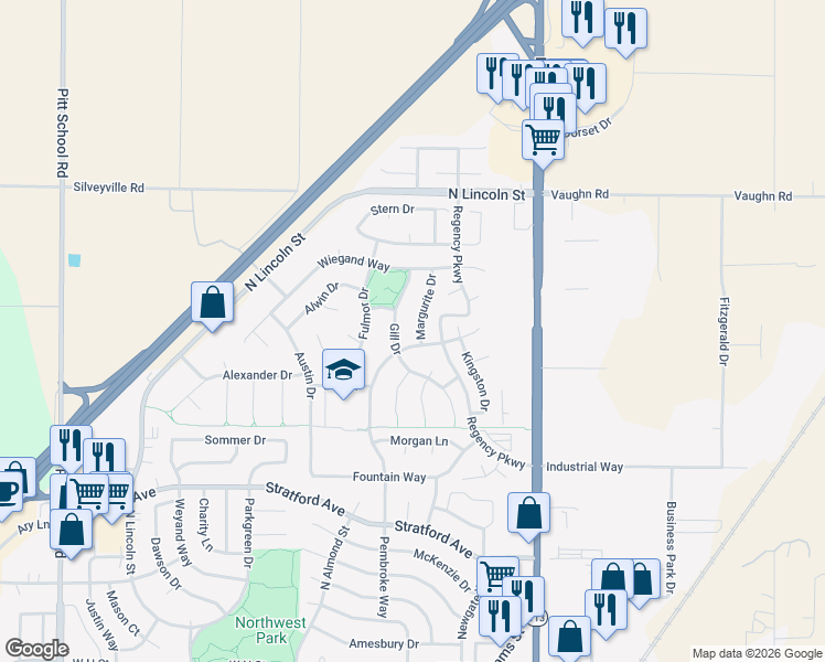 map of restaurants, bars, coffee shops, grocery stores, and more near 1725 Margurite Drive in Dixon