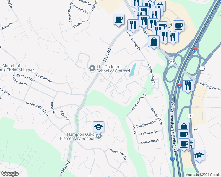 map of restaurants, bars, coffee shops, grocery stores, and more near 111 Sterling Court in Stafford