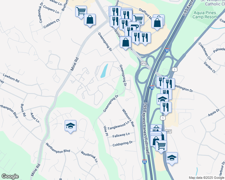 map of restaurants, bars, coffee shops, grocery stores, and more near 209 Providence Street in Stafford