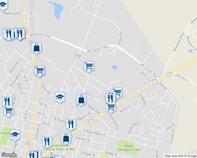 map of restaurants, bars, coffee shops, grocery stores, and more near 180 Charles Street in Harrisonburg