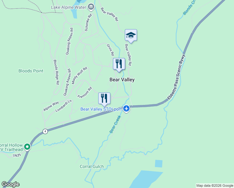 map of restaurants, bars, coffee shops, grocery stores, and more near 225 Bear Valley Road in Bear Valley