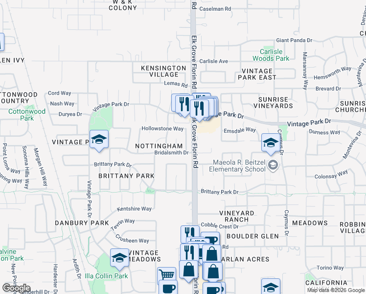 map of restaurants, bars, coffee shops, grocery stores, and more near 8932 Hollowstone Way in Sacramento