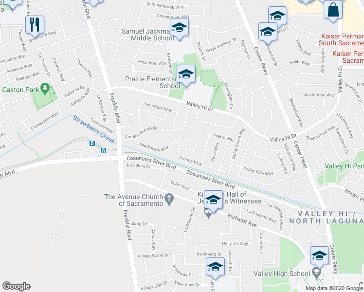 map of restaurants, bars, coffee shops, grocery stores, and more near 4940 Yvonne Way in Sacramento