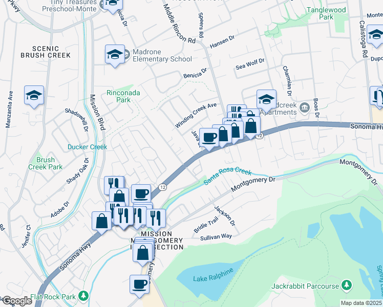 map of restaurants, bars, coffee shops, grocery stores, and more near 371 Breeden Street in Santa Rosa