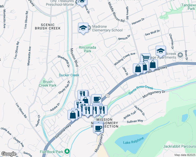 map of restaurants, bars, coffee shops, grocery stores, and more near 66 Cardinal Way in Santa Rosa