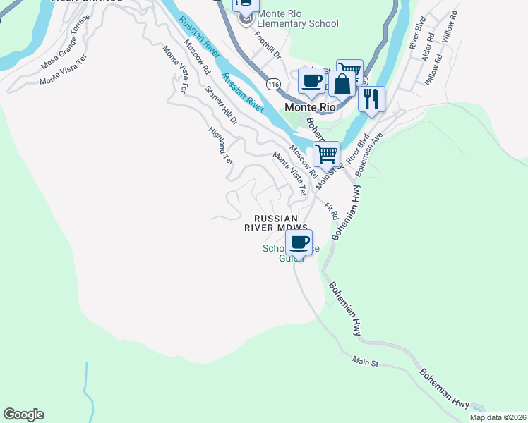map of restaurants, bars, coffee shops, grocery stores, and more near 21455 Delta Way in Monte Rio