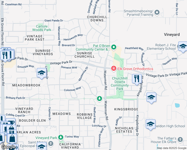 map of restaurants, bars, coffee shops, grocery stores, and more near 8132 Arnside Way in Sacramento