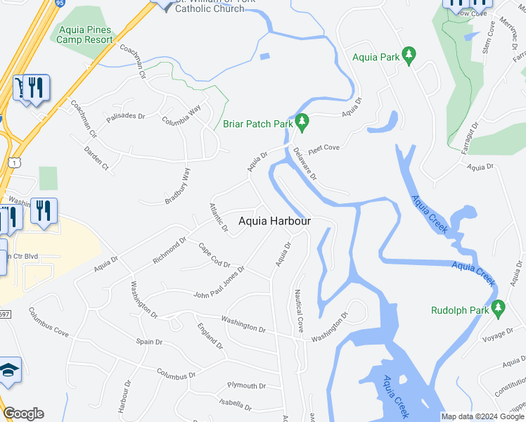 map of restaurants, bars, coffee shops, grocery stores, and more near 1211 Richmond Drive in Stafford