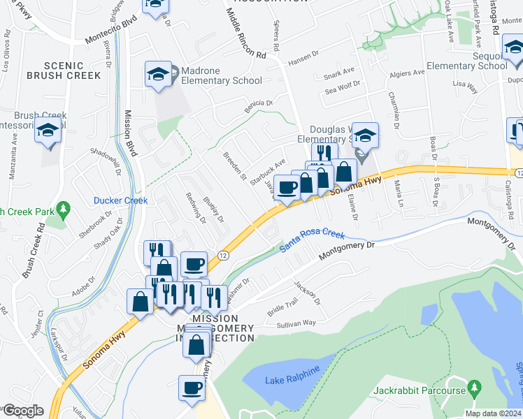 map of restaurants, bars, coffee shops, grocery stores, and more near 371 Breeden Street in Santa Rosa