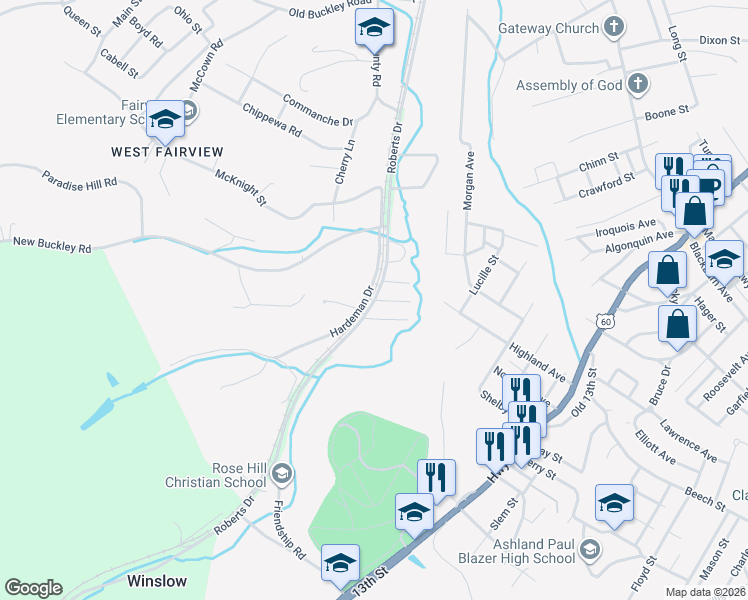 map of restaurants, bars, coffee shops, grocery stores, and more near 3408 Roberts Drive in Ashland