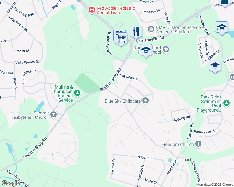 map of restaurants, bars, coffee shops, grocery stores, and more near 29 Winding Creek Road in Stafford