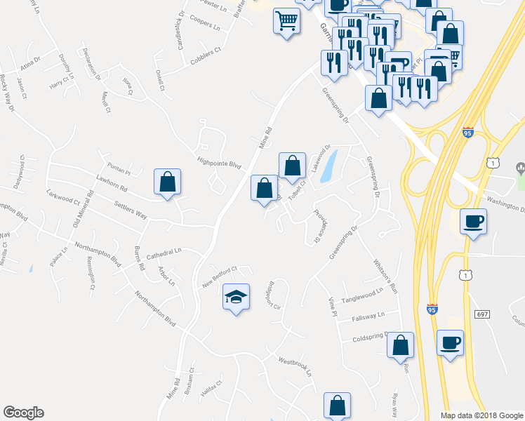 map of restaurants, bars, coffee shops, grocery stores, and more near 212 Sterling Court in Stafford