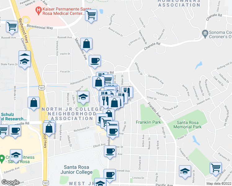 map of restaurants, bars, coffee shops, grocery stores, and more near 2300 Lomitas Avenue in Santa Rosa