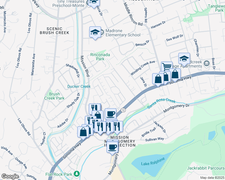 map of restaurants, bars, coffee shops, grocery stores, and more near 66 Cardinal Way in Santa Rosa