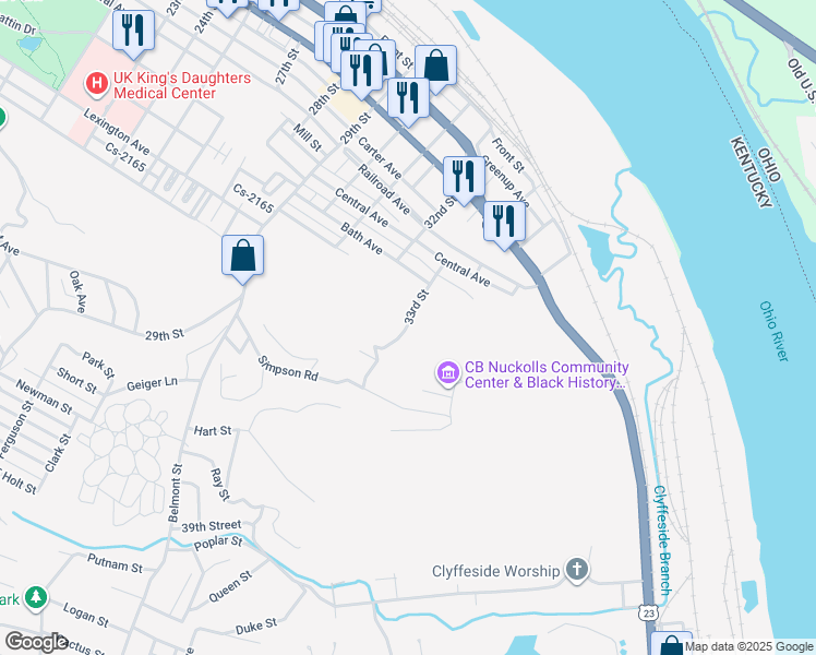 map of restaurants, bars, coffee shops, grocery stores, and more near 702 33rd Street in Ashland